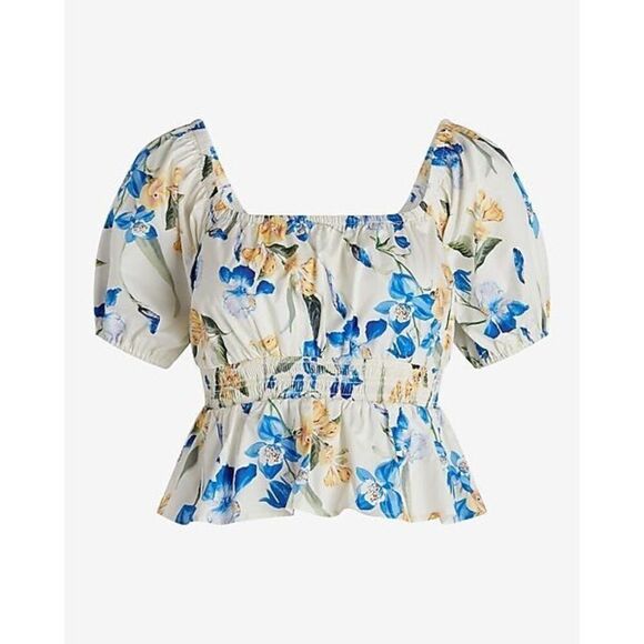 ✨Express Floral Square Neck Puff Sleeve Peplum Sz Large Top✨ - Picture 6 of 12